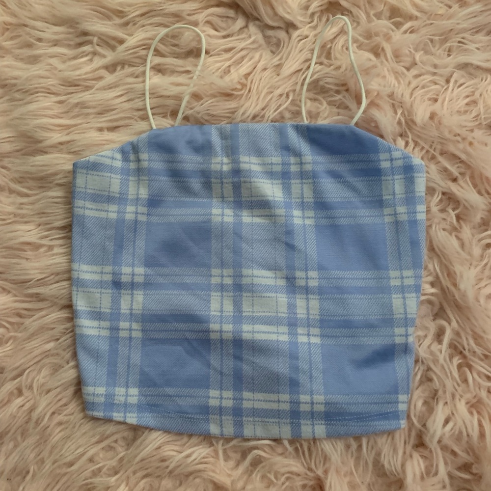 kawaii blue and white tank top cute tube top with straps blue plaid tank top